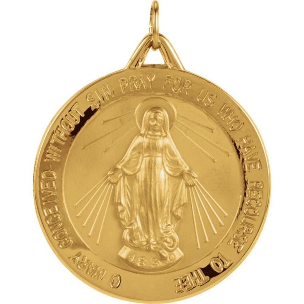 14k Yellow Gold Round Miraculous Medal Pendant, 29mm (1 1/8 Inch)